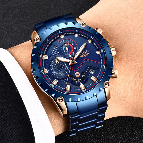 2020 LIGE New Men Watch Blue Luxury Brand Stainless Steel Wrist Watch Chronograph Military Quartz Mens Watches Relogio Masculino